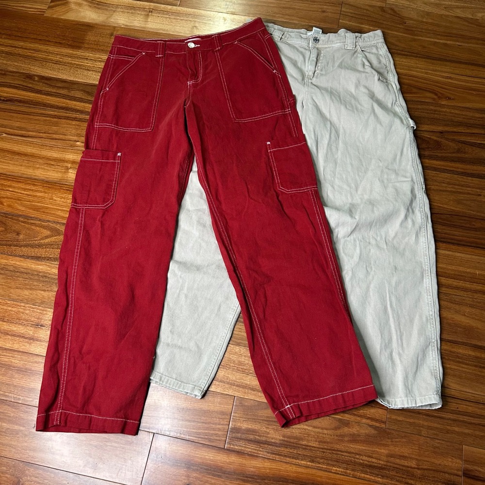 Garage Womens Cargo Carpenter Pants Bundle Red Tan Wide‎ Leg Size 9 Contrast